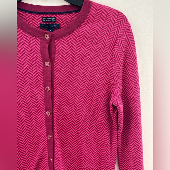 Tommy Hilfiger Women’s SIZE M Button up 100% Pima Cotton Cardigan Pink & Plum - Picture 11 of 13